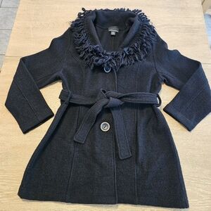 Cynthia Rowley Boiled Wool Pea Coat XL Black Yarn Fringed Shawl Collar Vintage